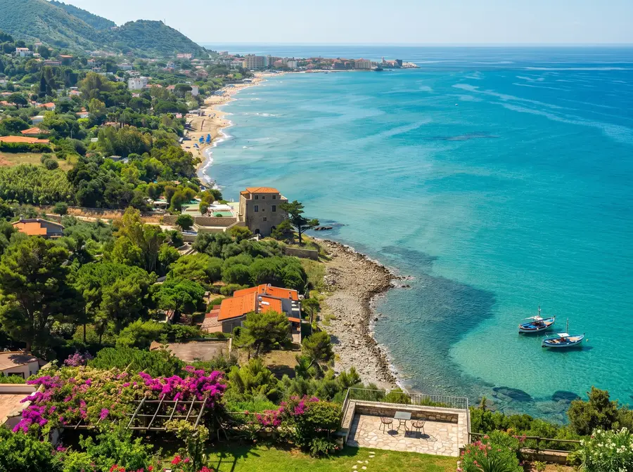 The coast of Acciaroli from above: the beach, the tower by the sea and boats in the turquoise water