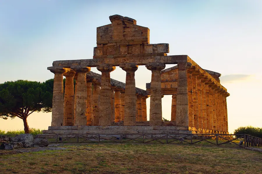 A Doric temple in Paestum at sunset
